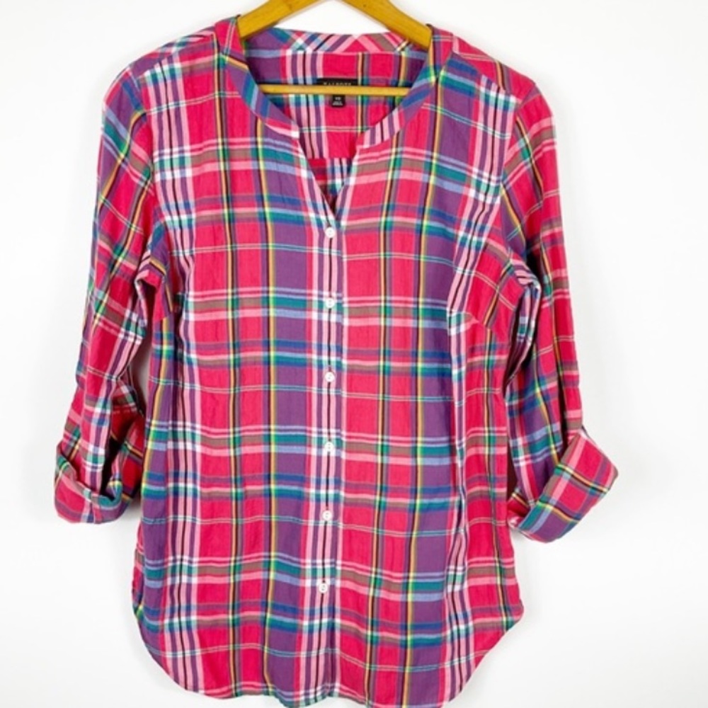 Talbots Plaid Button Front Casual Top - image 1